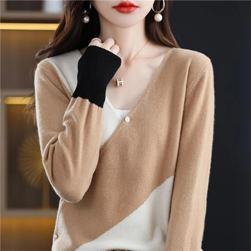 Autumn Winter Korean Style V-neck Patchwork Casual Sweater Ladies Elegant Fashion All-match Jumper Top Women Loose Wild Pullover