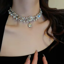 Luxury Water Drop Crystal Choker Necklaces for Women Geometric Pearl Necklaces Wedding Banquet Jewelry