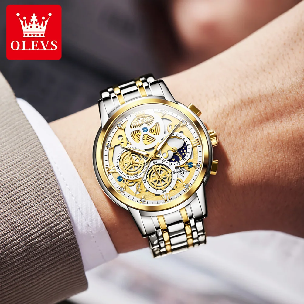 OLEVS Men\'s Quartz Watch Skeleton Stainless steel Waterproof Luxury Business Luminous Gold Watch Quartz Men\'s Watch Reloj Hombre