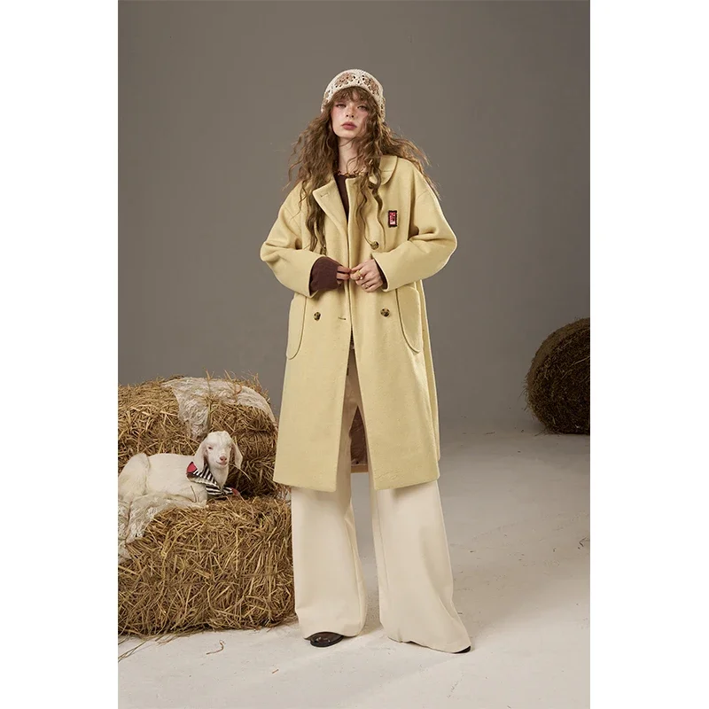 ELFSACK Women's Vintage Long Woolen Coat with Double‑Breasted Design, Oversized Loose Outerwear for Winter Daily Outfit