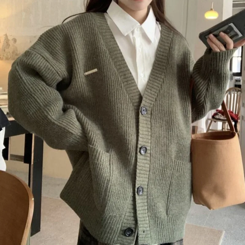 Preppy Style Cardigans for Women Long Sleeve Knitted V-neck Solid All-match Warm Ins Fashion Loose Ulzzang Elegant Spring Autumn