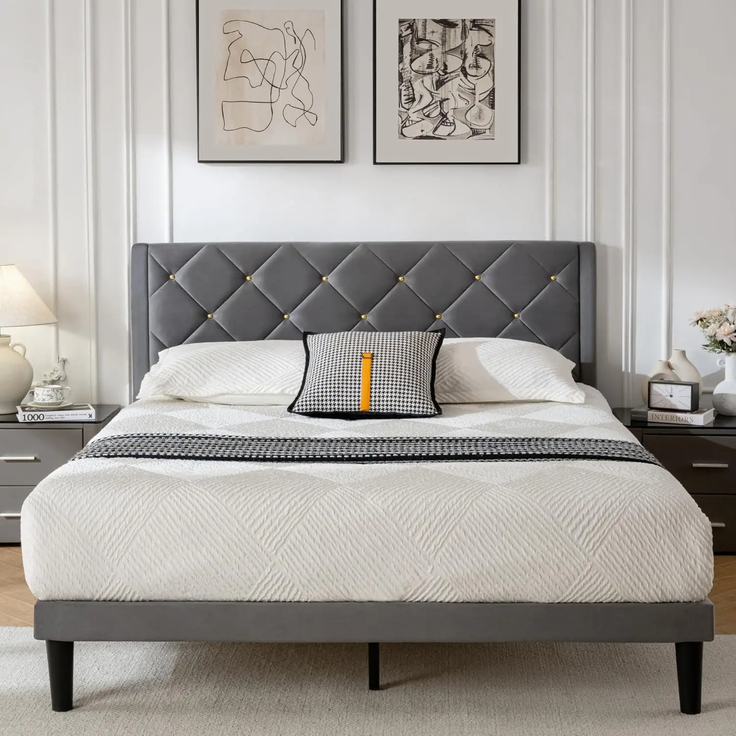 

Каркас кровати размера Full с изголовьем, прочная деревянная основа с ламелями, платформенная кровать с изголовьем, обтянутым бархатом