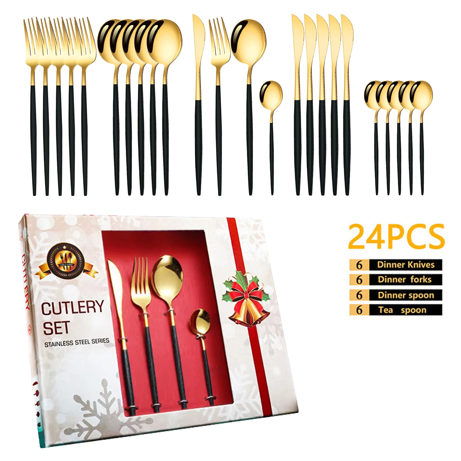 

24Pcs Black Gold Cutlery Set with Gift Box Knife Fork Spoon Dinnerware Set Stainless Steel Western Kitchen Flatware Tableware