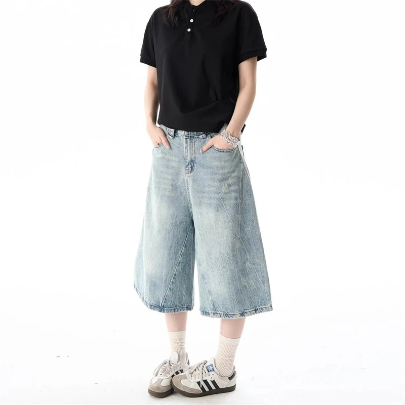 

Women's Water Washing Abrasion Summer Denim Shorts Cropped Jeans Cool Girl Calf-length Pant Female High Waist Capris Trousers