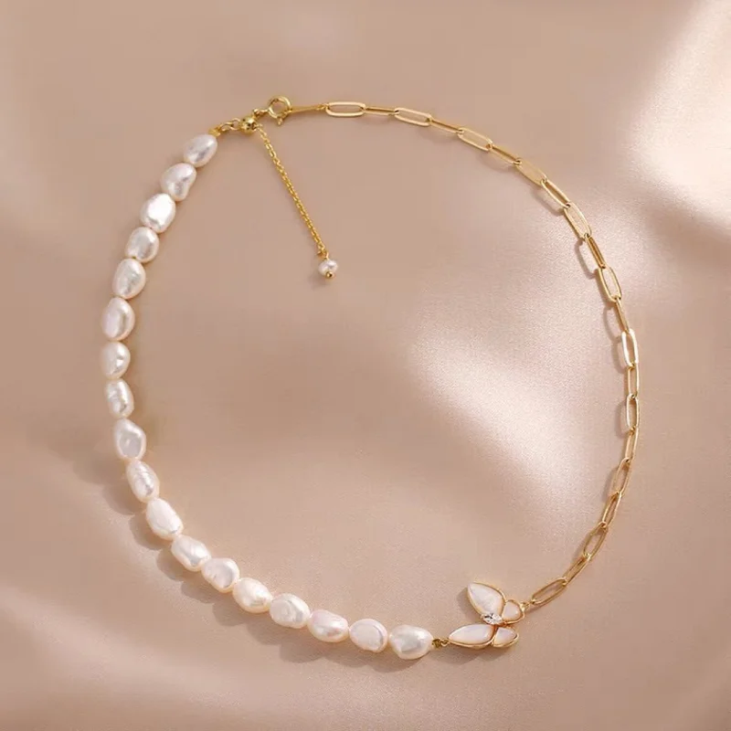 ALLNEWME Classic Freshwater Pearl Beaded Necklaces for Women White Natural Shell Butterfly Asymmetry Link Chain Chokers Necklace