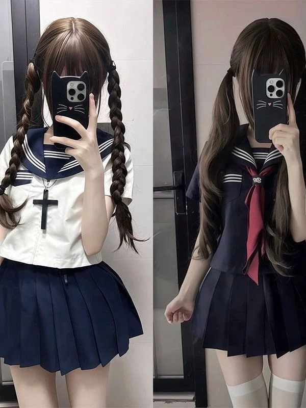 Original Improved White Three-Part JK Uniform School Style Set Top Basic Sailor Suit Cute Fashion Set for Women Teenagers