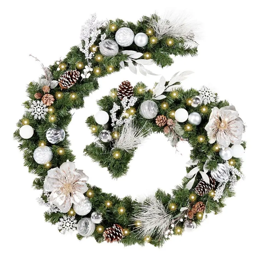 

Рождественская гирлянда длиной 9 футов (108 дюймов), белая и серебристая, с 50 светодиодами для украшения дома и улицы на Рождество и Холи