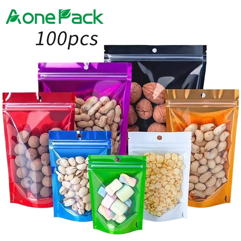 

100pcs Candy Beans Nuts Dried Tea Powder Food Self Stand Up Pouch Packaging Half Clear Half Colored Foil Mylar Bag With Hole