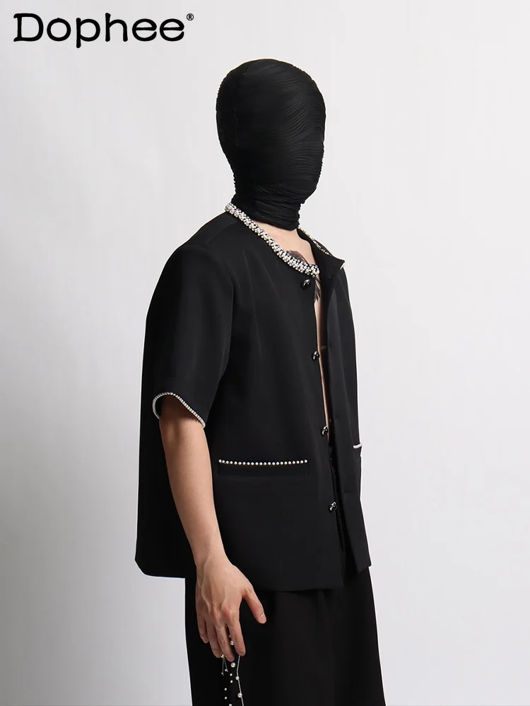 

Masculinity Small Fragrant Short-sleeve Jackets Men's 2025 Summer New Trendy Bead Coats Loose Versatile Short Style Coat Tops
