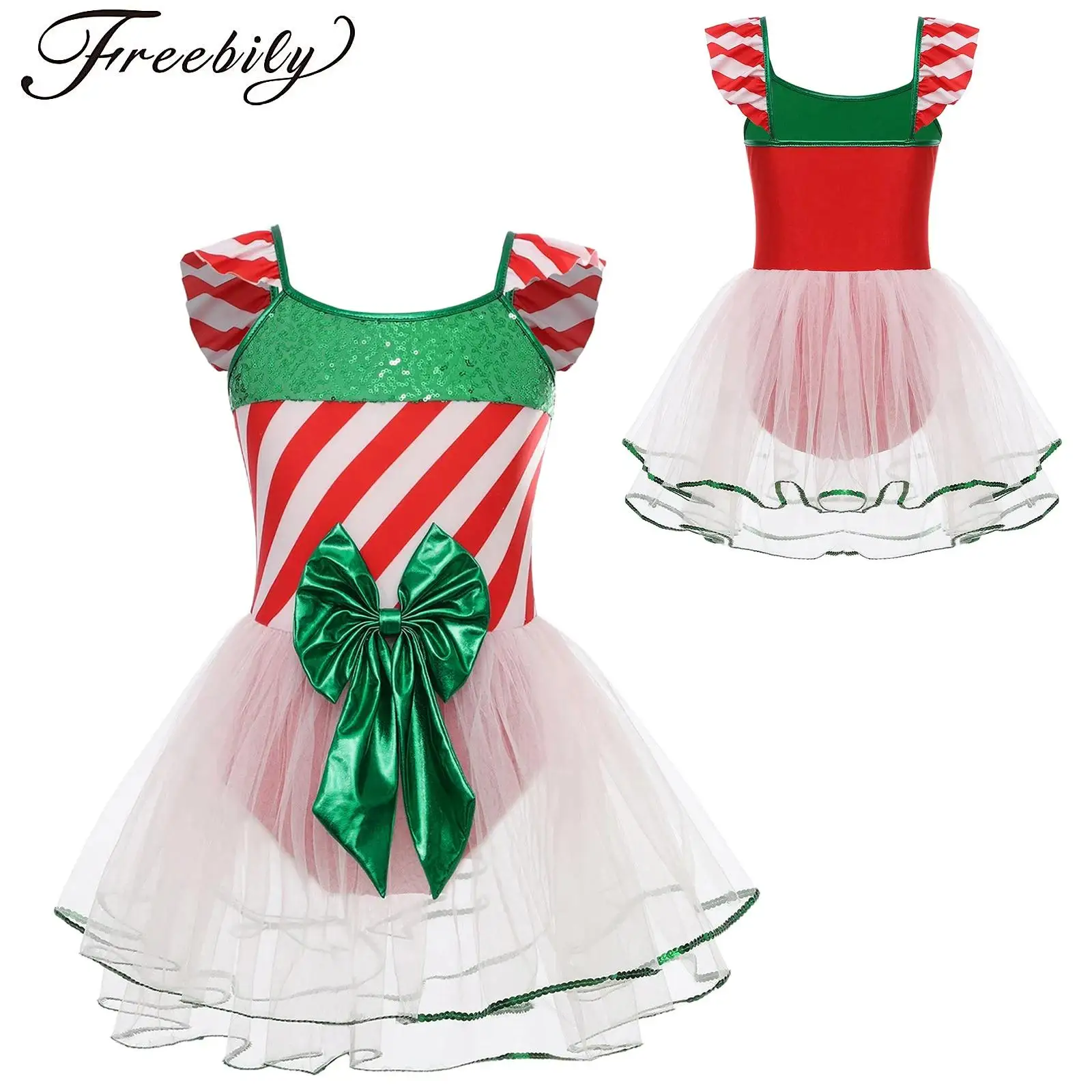 

Girls Candy Cane Stripe Bow Ballet Tutu Dress Sequin Mesh Gymnastic Leotard Dress New Year Elf Christmas Skating Dance Costumes