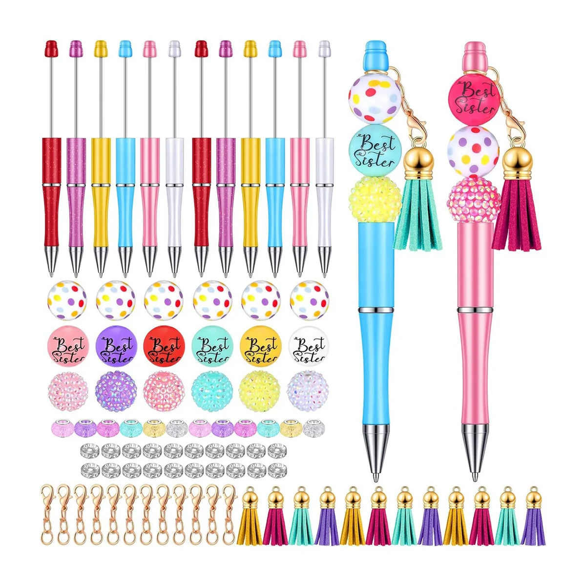 ADP-12 Pieces Beadable Pens Bulk Bead Pens with Assorted Colors Beads Pen DIY Making Kit Multicolor Ballpoint Pen for Kids