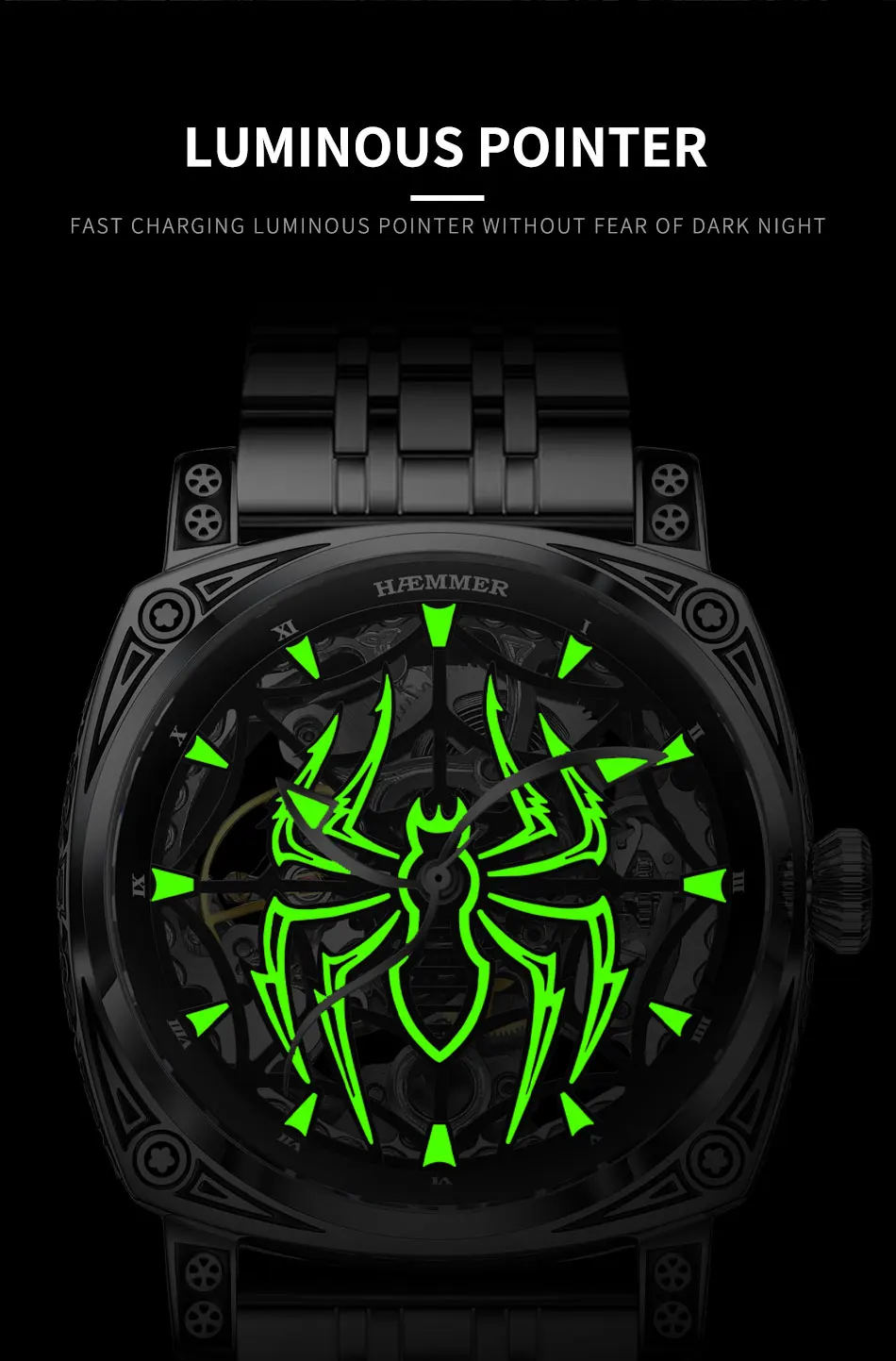 

Новые механические часы HAEMMER для мужчин с циферблатом в виде паука, водонепроницаемые, из нержавеющей стали, с люминесцентным покрытием