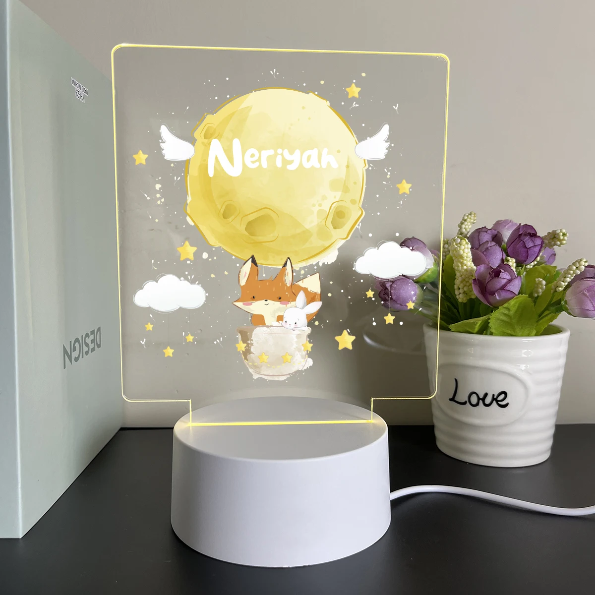 1PC New Moon UV Print Customized Name Acrylic Night Lights Kids Room Decor Fox Star Personalized Name Children's Gift