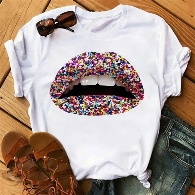 Camiseta con estampado de labios para Mujer, ropa informal de manga corta con cuello redondo, holgada, a la moda