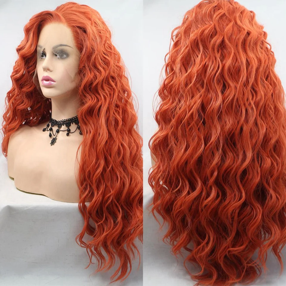 

Lace Front Wigs Deep Curly Orange Ginger Colored Wave Synthetic Wigs Pre Plucked Heat Resistant Synthetic Lace Wig 180% Density