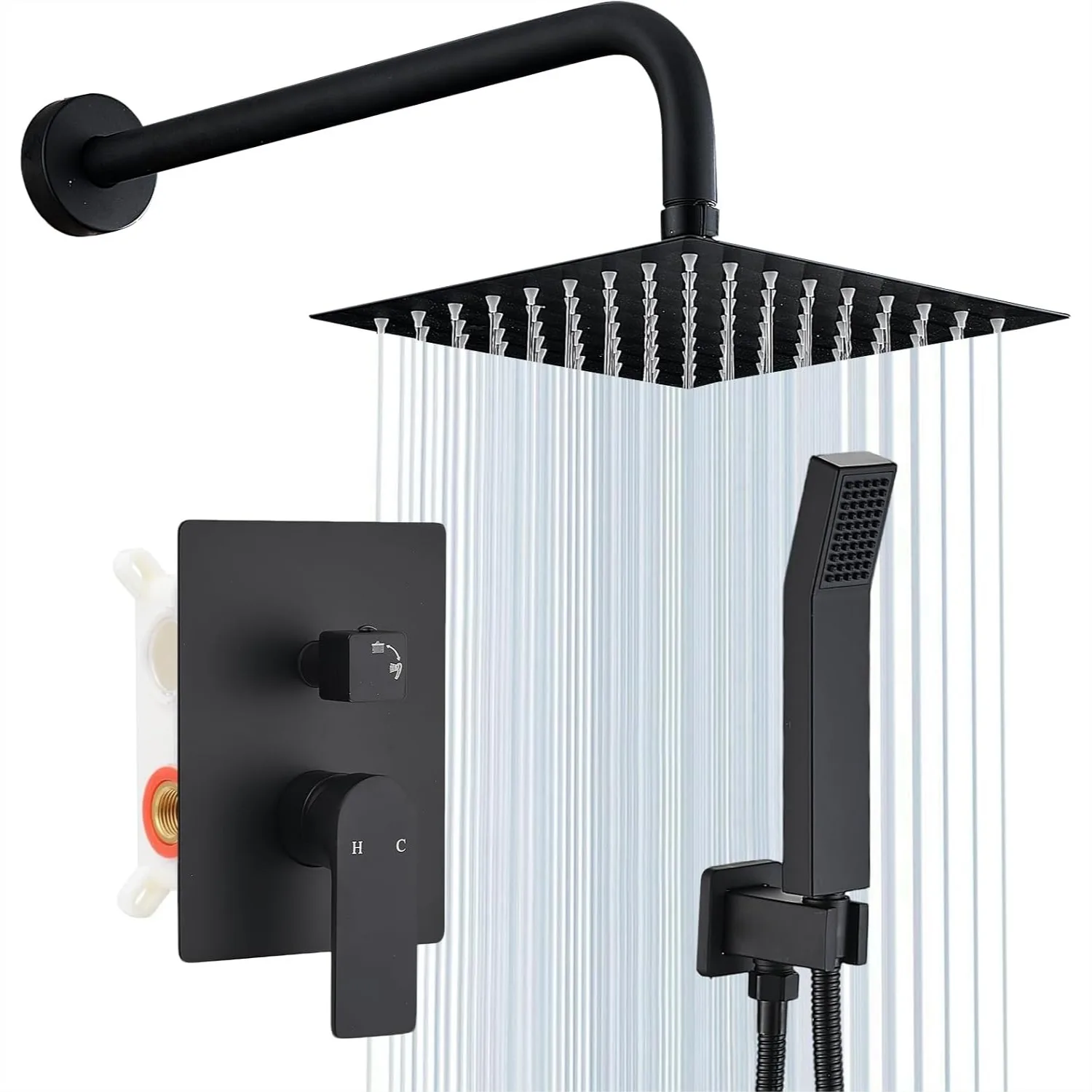 8 Inch Shower Faucet Set Matte Black, High Pressure Rain Shower System with Handheld Spray and Knob Diverter, Wall Mount