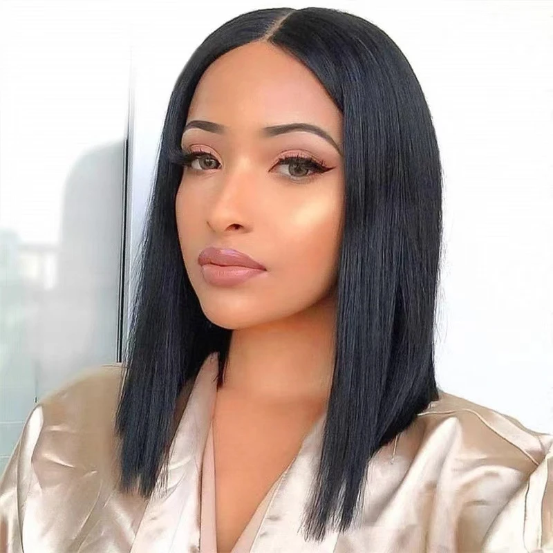 

Women's bobo style wig, collarbone length, full head cover, middle parting, short straight hair wigs