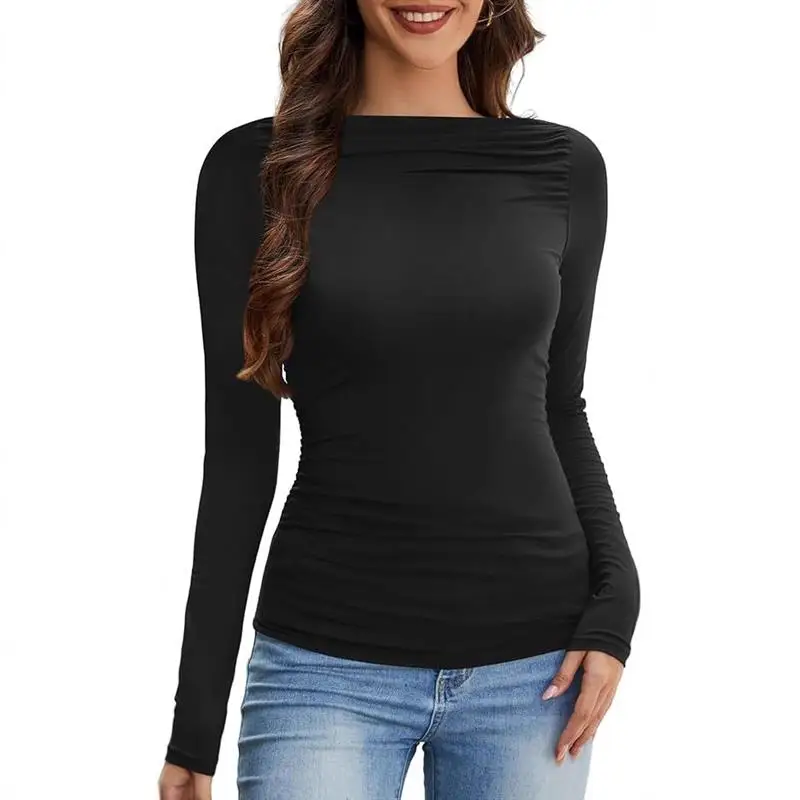 

Slim Fit Casual Long Sve Boat Ne Outerwear for Women Elastic Waist Pleated Autumn Top Faionable Chinese Sle irt
