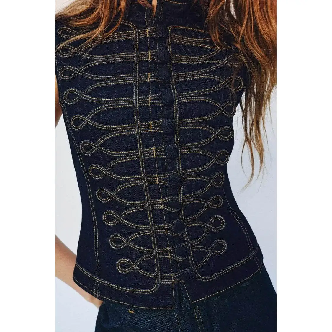 Fashionable Rope Knot Embellished Denim Vest New Spring Summer Women's Wear H-Shape Top Zipper Closure Polyester Fiber