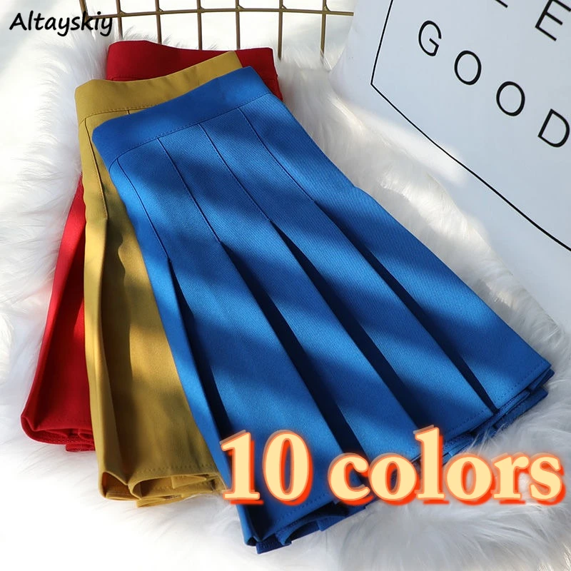 

XS-3XL Pleated Mini Skirts for Women Solid Empire All-match Colorful All Season Preppy Style A-line Students Leisure Girls Daily