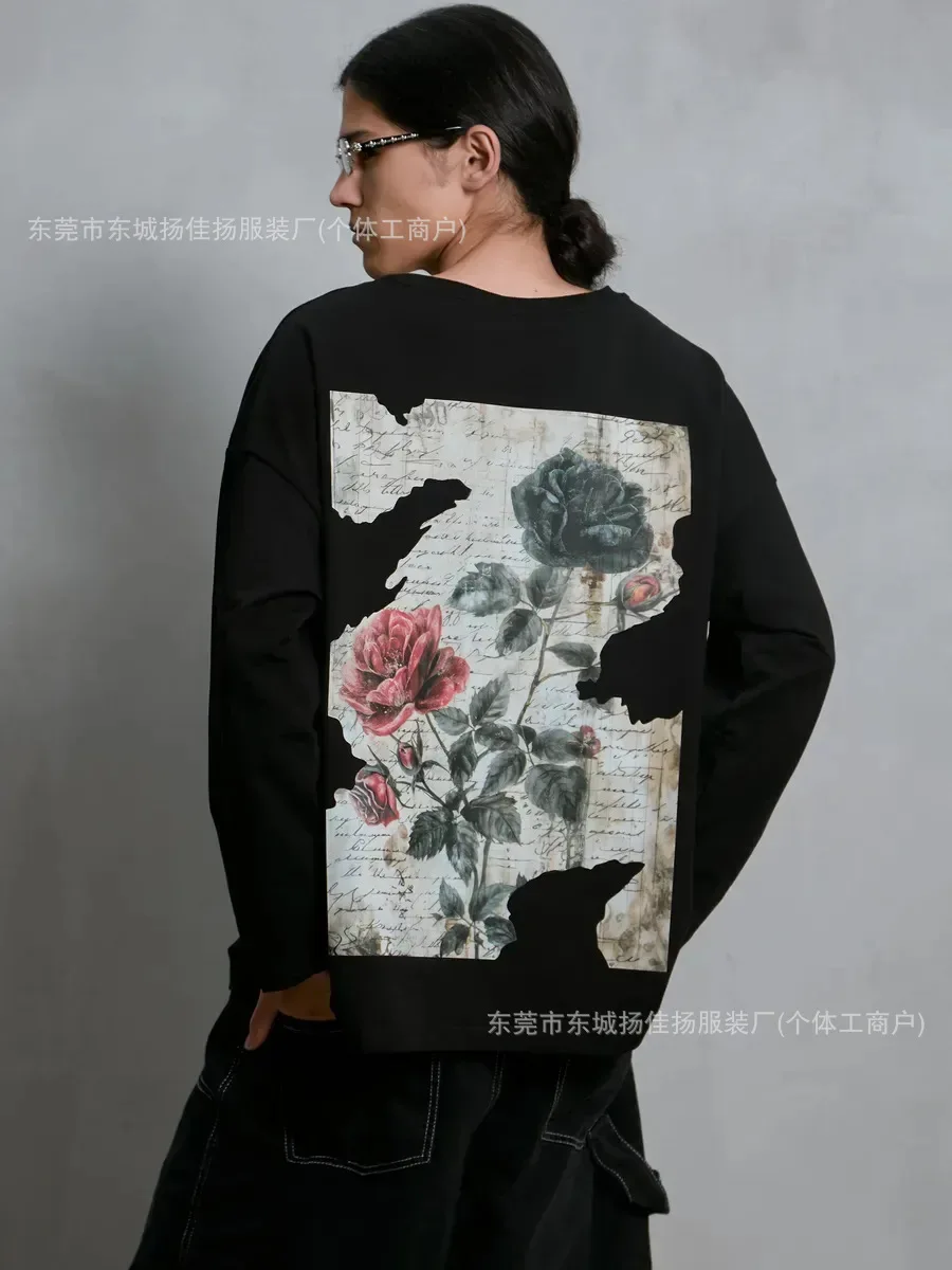 Hip Hop 100% Cotton Long Sleeve T-Shirt Vintage Roses Manuscript Letter Graphic Print Loose Oversized Streetwear Casual Tee Tops