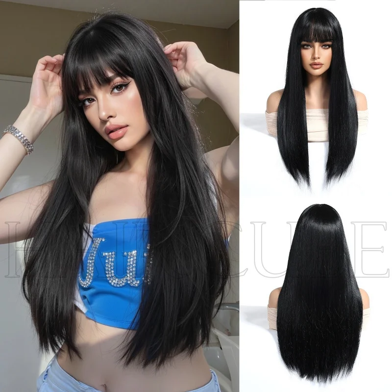 

Women's with Button Net, Black-Brown Air Bangs, Long Straight Hair, Naturally Fluffy and Breathable Synthetic Full Wig