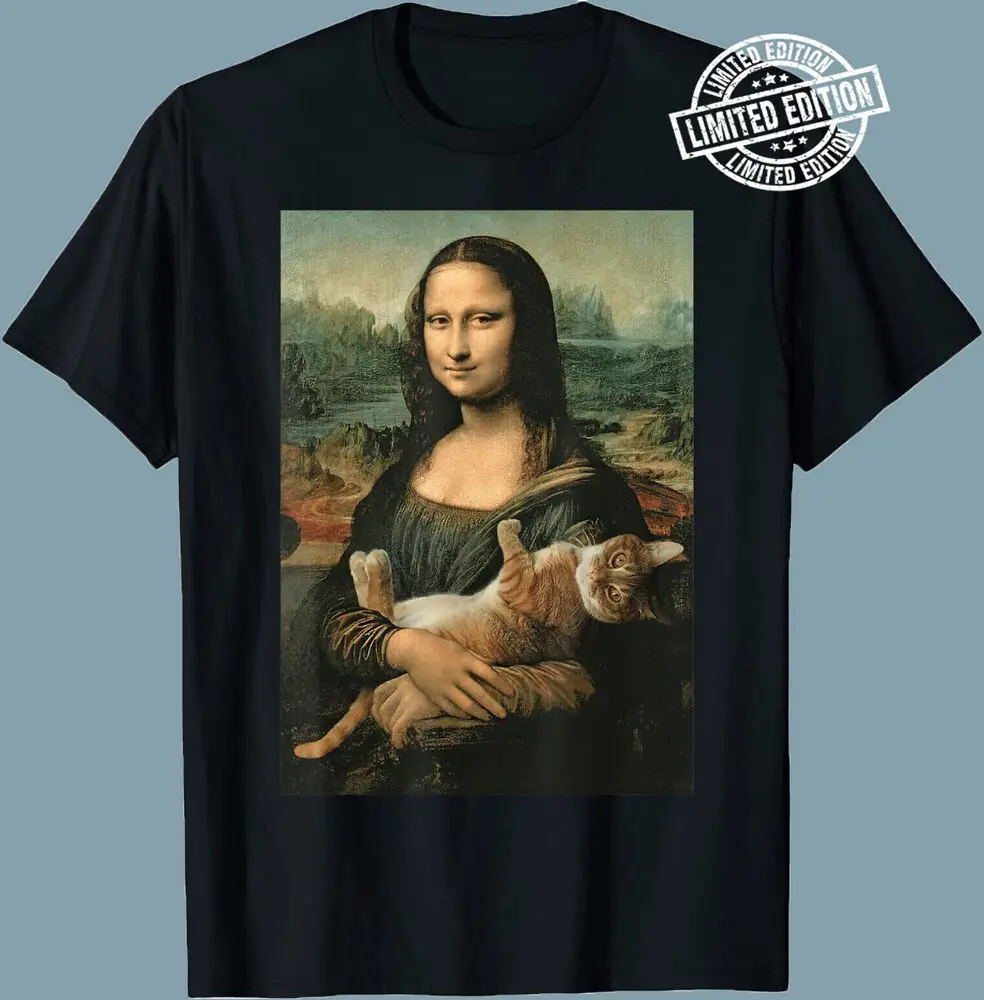 Mona Lisa With Orange Cat Funny Art Painting T-Shirt Size S-4XL