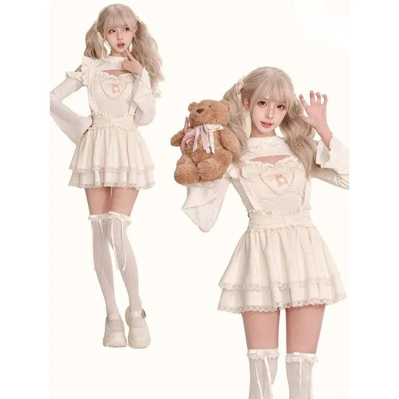 2024 الصيف النمط الياباني Kawaii 2 قطعة فستان البدلة لطيف طباعة سليم الأعلى عالية الخصر الحلو Y2k فستان قصير مجموعة أزياء الحفلات