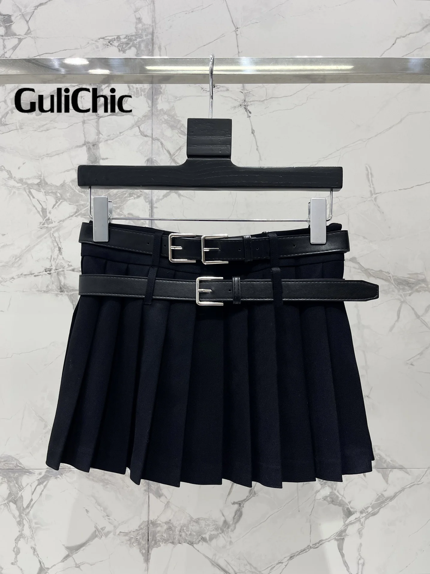 8.14 GuliChic Women High Quality Temperament Fashion Double Belt Design Side Split Pleated Long SKirt Or Mini Skirt