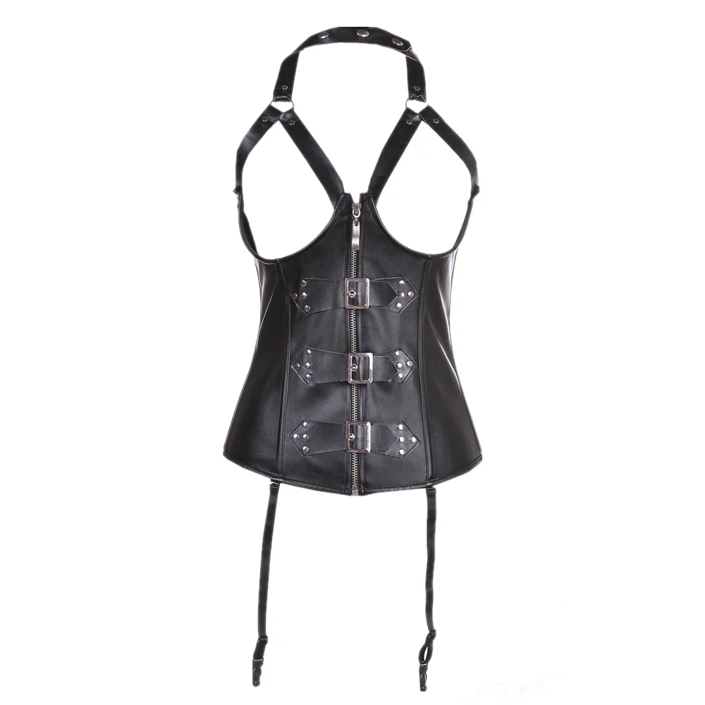 

Steampunk PU Leather Underbust Corset with Zipper Top Women Black Halter Body Shaper Lingerie Retro Gothic Buckled Bustier Vest