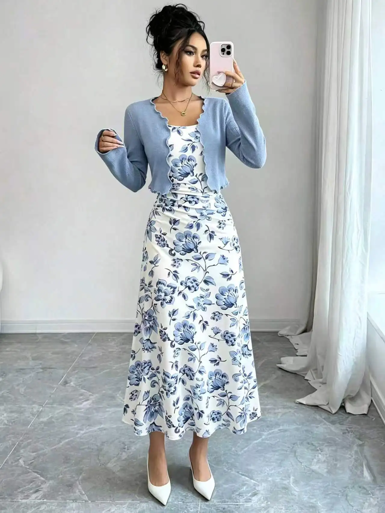 Women 2Pc Matching Set Wavy Edge Long Sleeve Knit Bolero + Spaghetti Strap Ruched Floral Midi Dress Wedding Guest Outfit