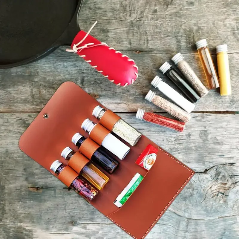 سعة كبيرة في الهواء الطلق مجموعة زجاجة التوابل ، مقاوم للماء ، المحمولة ، للطي ، الجلود ، التخييم ، المشي لمسافات طويلة ، Bushcraft ، نزهة ، شواء ، كيس التوابل