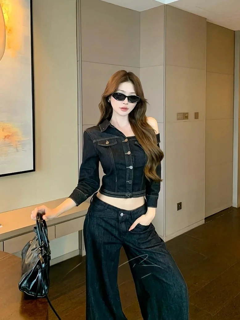 

Retro Style Slim Fit Short Sleeveless Women's Denim Shirt Tie Waist Design Long Sleeve Early Spring Fashion Vintage Look