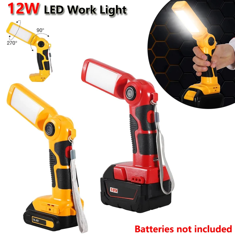 

12W Cordless LED Flashlight For Milwaukee/Dewalt 18V Battery Work Light Handheld Spotlight Desk with USB 90 Degree Pivoting Head