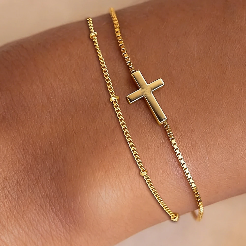 Cross Bracelet Dainty 14k Gold Plated Bracelets for Women Small Wrist, Trendy Stack Thin Chain Bracelet Jewelry Baptism Gift