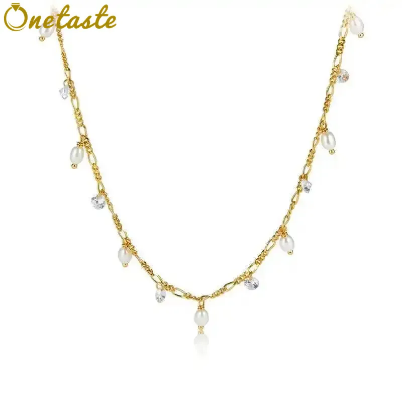 

925 Sterling Silver 18K Gold Natural Pearl Zircons Tassels Necklace For Women Trendy Shimmering Beads Choker Necklaces Stackable
