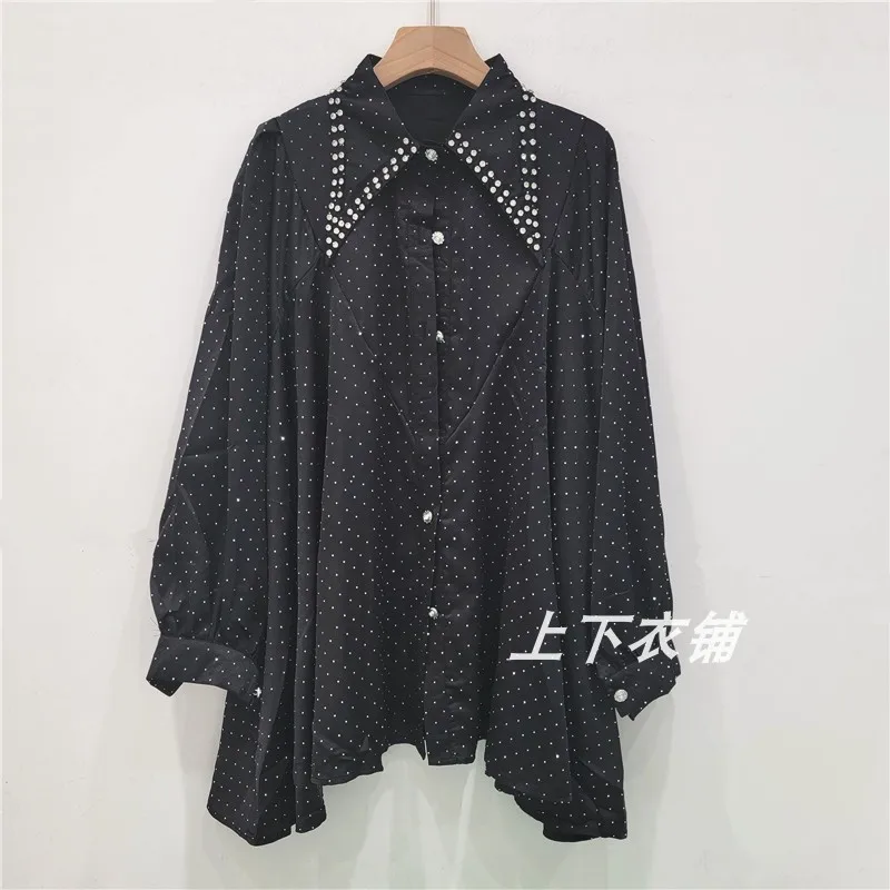 Heavy Industry Bead Shirt Women's Light Luxury Lapel Loose And Skinny 2024 Autumn Long Sleeves Versatile Cardigan Blouse Mujer