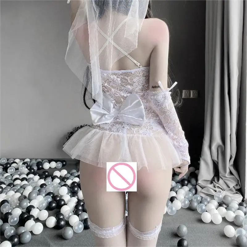 Erotic Lingerie Cosplay Bride Uniform Super Lace Mesh Wedding Dress Sheer Dress Couple Game Cosplay Costume Set FashionOutfits18