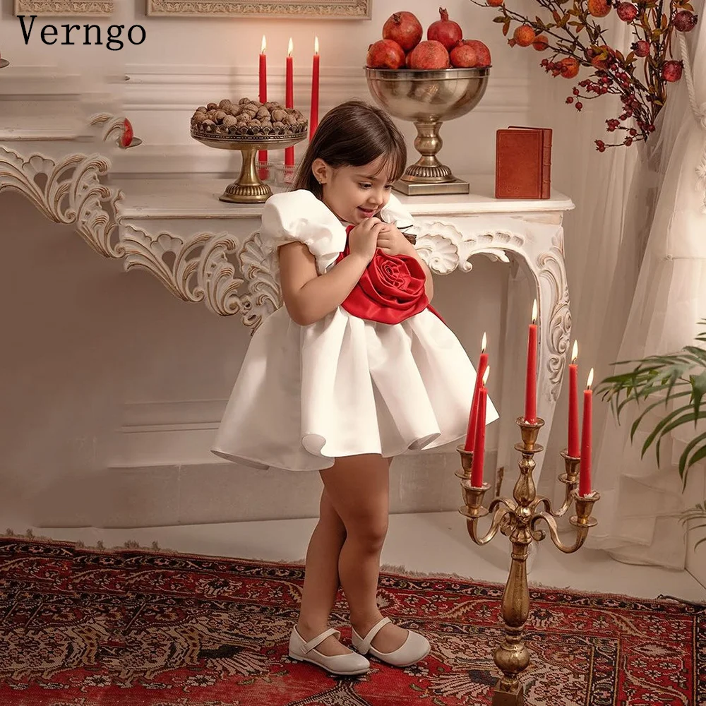 Verngo lvory Satin Mini Girl Flowers Dress Puff Short Sleeves Kids Birthday Party Dress 3D Flowers Christmas Dress Cuustomized