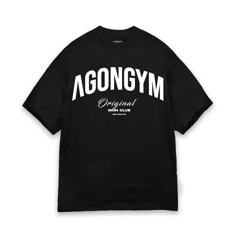 2026 Men AGONGYM Big Arch Letter Back Print T Shirt Gym Workout Fitness Short Sleeve Black Cotton Oversized Tee