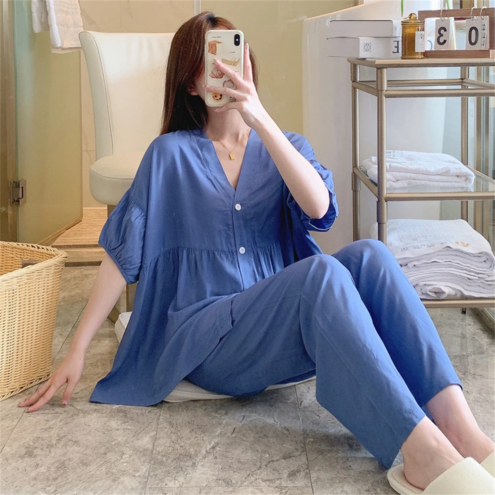 Women\'s Casual Short Sleeves Pants Pajamas Set Spring Summer Thin Loose Large Size Ladies Home Clothes Two-piece Sleepwear Suit