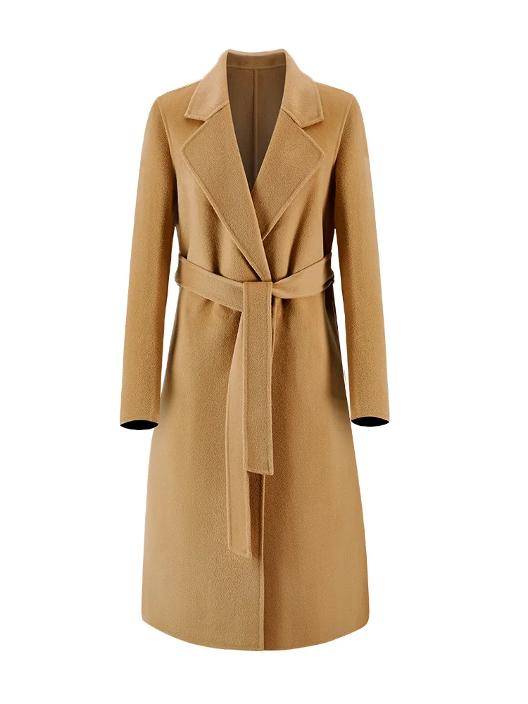 

CAIXINGLE 2024 Autumn 100% Wool Coats With Belt Fashion Open Stitch Elegant Woolen Cashmere Coat Veste Femme Tops