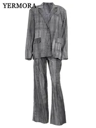 YERMORA Women Gray Tie-dye Vintage Two-piece Suit Lapel Long Blouse Loose Fit High Wiast Wide Leg Pantas Spring Autumn 2025 A537