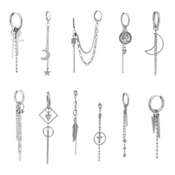 1 PC Stainless Steel Drop Earrings for Men/Women Star Moon Pendant Long Tassel Unisex Hoop Earrings Kpop Suga JIMIN Jewelry