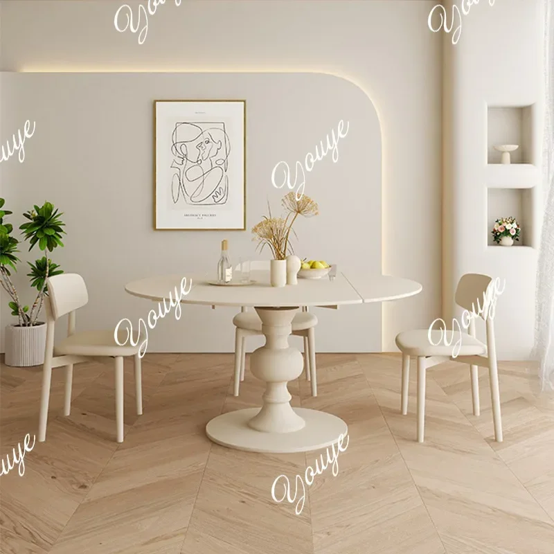 L-J French Cream Wind Square And Round Dual-purpose Rotating Dining Table Multi-functional Solid Wood Rock Slab Folding Square B