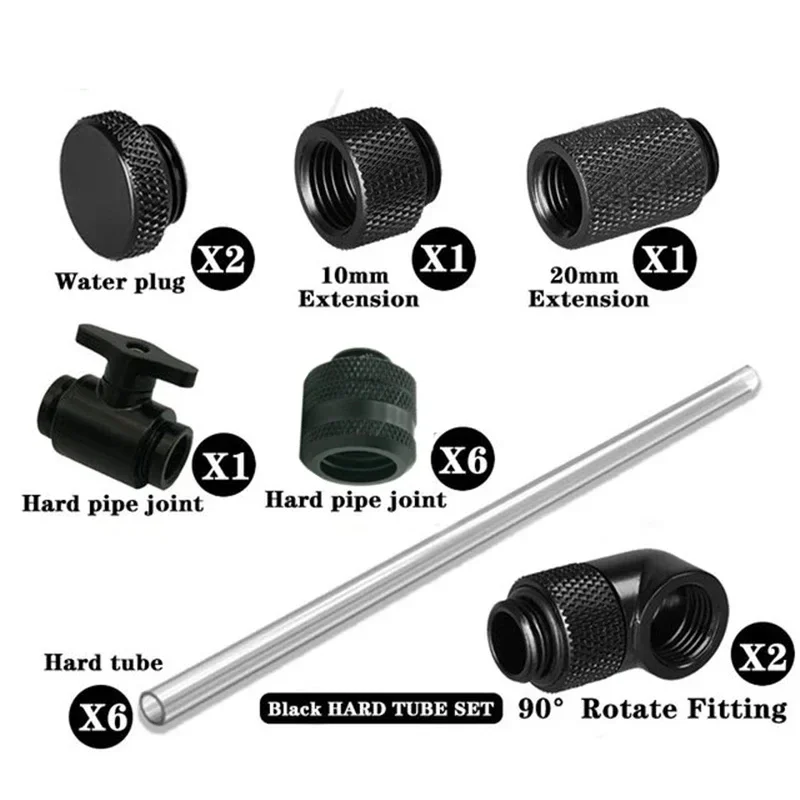 PC Water Cooling Hard Tube Pipe Fittings KIt Set OD 14MM Black/Silver