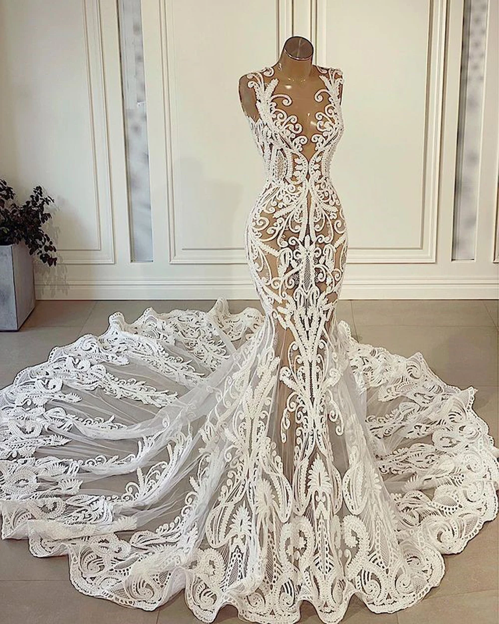 Illusion Lace Mermaid Wedding Dresses Sleeveless Luxury Appliques Sexy Bridal Gown Elegant Vestido De Novia Exquisite Customized