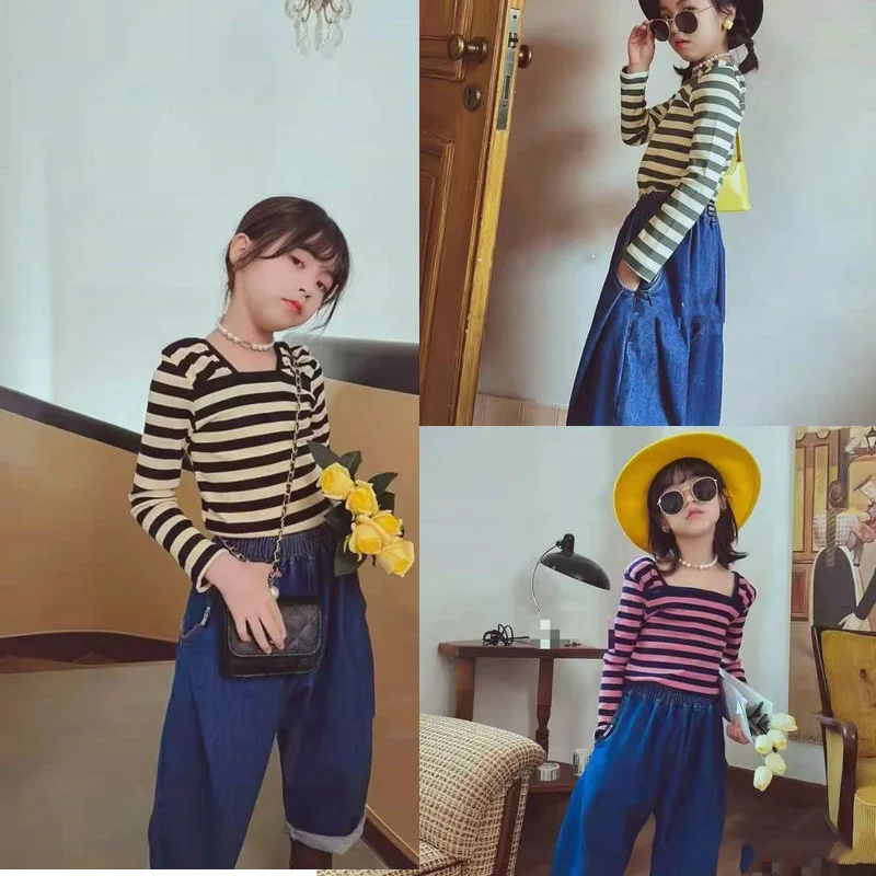 Girls' Bottoming Shirt Striped Square Neckline Slim-fit Line Top T-shirt 2024 Autumn New Children's Clothing