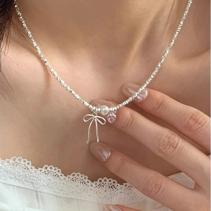 

Ballet Style Shattered Silver Natural Pearl Necklace, Women's Ins, Light Luxury Temperament, Pink Diamond Bow Bracelet