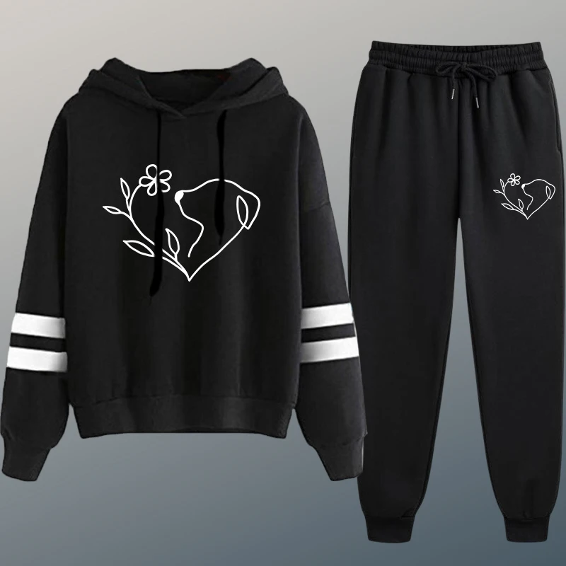 

New in Women Tracksuit Hoodie and Sweatpants Urban Casual Fashion Sportswear Fall/winter Cute Dog Print Sweatshirt Casual Outfit